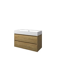Proline Porselein Loft badmeubelset met wastafelonderkast met 2 lades en porseleinen wastafel zonder kraangat 100 x 62 x 46 cm, ideal oak