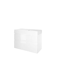 Proline Porselein Loft badmeubelset met wastafelonderkast met 2 asymmetrische lades en porseleinen wastafel zonder kraangat 100 x 73 x 46 cm, glans wit