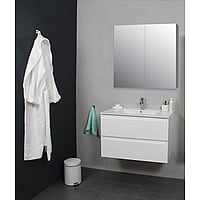 Sub Online flatpack badmeubelset met onderkast met porseleinen wastafel 1 kraangat met 2 deurs spiegelkast grijs 80x55x46cm, hoogglans wit