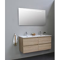 Sub Online badmeubelset met onderkast met porseleinen wastafel 2 kraangaten met spiegel met geintegreerde LED verlichting 120x55x46cm, eiken