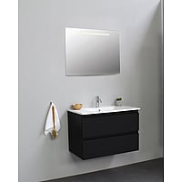 Sub Online onderkast met porseleinen wastafel 1 kraangat met spiegel met geintegreerde LED verlichting 80x55x46cm, mat zwart