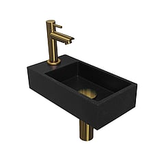 INK Versus fonteinpack inclusief quartz fontein met afzetplateau links, fonteinkraan, designsifon, designplug en montageset 36x9x18 cm, quartz zwart / brushed mat goud