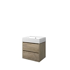 Proline Porselein Loft badmeubelset met wastafelonderkast met 2 lades en porseleinen wastafel zonder kraangat 60 x 62 x 46 cm, raw oak
