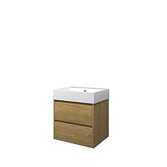Proline Porselein Loft badmeubelset met wastafelonderkast met 2 lades en porseleinen wastafel zonder kraangat 60 x 62 x 46 cm, ideal oak