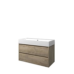 Proline Porselein Loft badmeubelset met wastafelonderkast met 2 lades en porseleinen wastafel zonder kraangat 100 x 62 x 46 cm, raw oak