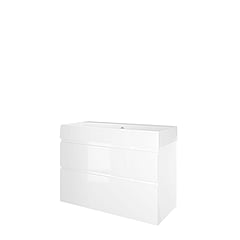 Proline Porselein Loft badmeubelset met wastafelonderkast met 2 asymmetrische lades en porseleinen wastafel zonder kraangat 100 x 73 x 46 cm, glans wit