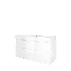 Proline polystone Loft badmeubelset met wastafelonderkast met 2 asymmetrische lades en polystone wastafel zonder kraangat 120 x 70 x 46 cm, glanzend wit / glanzend wit