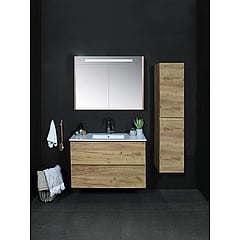 Basic Premium spiegelkast met geïntregeerde LED-verliching en spiegels aan buitenzijde op houten deuren 80 x 60 x 14 cm, whisky oak