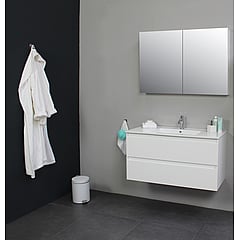 Sub Online flatpack onderkast met porseleinen wastafel 1 kraangat met 2 deurs spiegelkast grijs 100x55x46cm, hoogglans wit