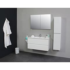 Sub Online flatpack onderkast met porseleinen wastafel 1 kraangat met 2 deurs spiegelkast grijs 100x55x46cm, hoogglans wit
