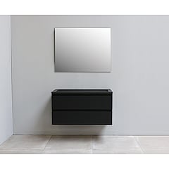 Sub Online flatpack badmeubelset met onderkast met acryl wastafel slate structuur zonder kraangaten met spiegel 100x55x46cm, mat zwart