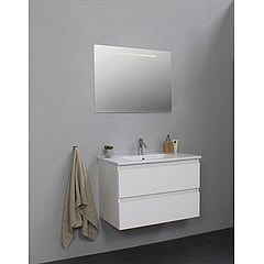 Sub Online flatpack onderkast met porseleinen wastafel 1 kraangat met spiegel met geintegreerde LED verlichting 80x55x46cm, hoogglans wit