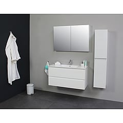 Sub Online badmeubelset met onderkast met porseleinen wastafel 1 kraangat met 2 deurs spiegelkast grijs 100x55x46cm, hoogglans wit
