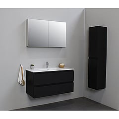 Sub Online badmeubelset met onderkast met porseleinen wastafel 1 kraangat met 2 deurs spiegelkast grijs 100x55x46cm, mat zwart