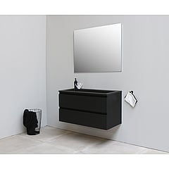 Sub Online badmeubelset met onderkast met acryl wastafel slate structuur zonder kraangaten met spiegel 100x55x46cm, mat zwart