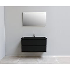 Sub Online onderkast met acryl wastafel slate structuur 1 kraangat met spiegel met geintegreerde LED verlichting 100x55x46cm, mat zwart