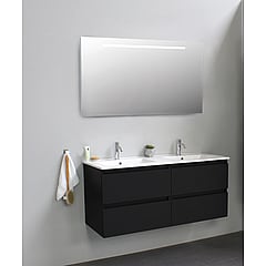 Sub Online badmeubelset met onderkast met porseleinen wastafel 2 kraangaten met spiegel met geintegreerde LED verlichting 120x55x46cm, mat zwart