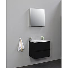 Sub Online badmeubelset met onderkast met acryl wastafel zonder kraangaten met 1 deurs spiegelkast grijs 60x55x46cm, mat zwart