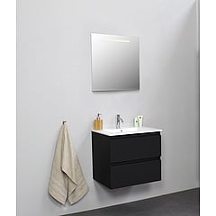Sub Online badmeubelset met onderkast met porseleinen wastafel 1 kraangat met spiegel met geintegreerde LED verlichting 60x55x46cm, mat zwart