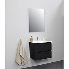Sub Online badmeubelset met onderkast met porseleinen wastafel 1 kraangat met spiegel 60x55x46cm, mat zwart