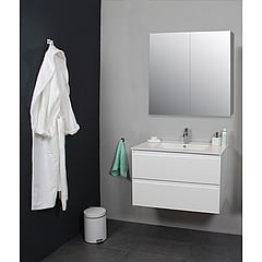 Sub Online badmeubelset met onderkast met porseleinen wastafel 1 kraangat met 2 deurs spiegelkast grijs 80x55x46cm, hoogglans wit