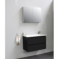 Sub Online badmeubelset met onderkast met acryl wastafel zonder kraangaten met 2 deurs spiegelkast grijs 80x55x46cm, mat zwart