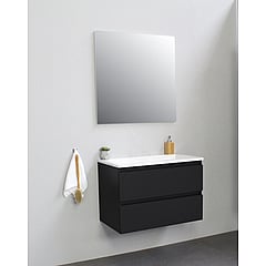 Sub Online badmeubelset met onderkast met acryl wastafel zonder kraangaten met spiegel 80x55x46cm, mat zwart