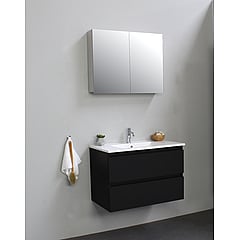 Sub Online badmeubelset met onderkast met porseleinen wastafel 1 kraangat met 2 deurs spiegelkast grijs 80x55x46cm, mat zwart