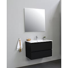 Sub Online onderkast met porseleinen wastafel 1 kraangat met spiegel 80x55x46cm, mat zwart