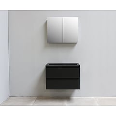 Sub Online badmeubelset met onderkast met acryl wastafel slate structuur zonder kraangaten met 2 deurs spiegelkast grijs 80x55x46cm, mat zwart