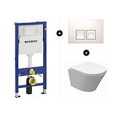 Geberit UP100 toiletset - inclusief bedieningsplaat & Wiesbaden Vesta-Junior hangend toilet compact Rimless inclusief zitting met softclose en quickrelease