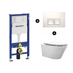 Geberit UP100 toiletset - inclusief bedieningsplaat & Wiesbaden Vesta rimless hangend toilet met Flatline 2.0-zitting