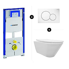 Geberit UP320 toiletset - inclusief Geberit Sigma bedieningsplaat & Sub Stereo rimless hangend toilet met softclose- en quick release-zitting, mat wit