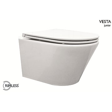 Wiesbaden Vesta-Junior hangend toilet compact 47 cm diepspoel Rimless inclusief Flatline 2.0 zitting met softclose en quickrelease, wit