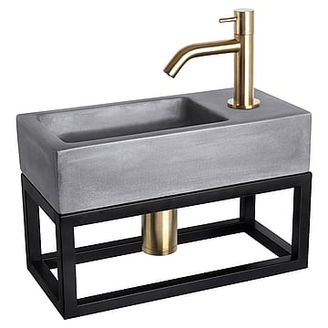 Differnz Ravo fonteinset met gebogen kraan mat goud en handdoekrek 38,5 x 18,5 x 9 cm, beton donkergrijs