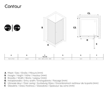 Sealskin Contour draaideur met zijwand 200 x 90 cm met 6 mm helder veiligheidsglas, mat zwart
