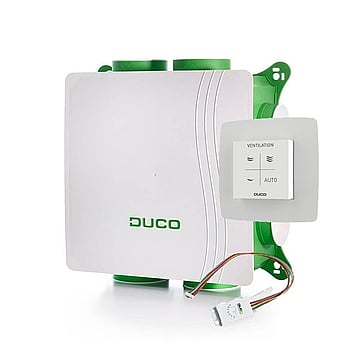 Duco DucoBox Silent All-in-one pakket inclusief DucoBox Silent Standaard, vocht boxsensor en bedieningsschakelaar 48 x 48 x 19,4 cm, wit/groen