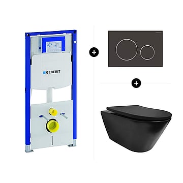 Geberit UP320 toiletset - inclusief Geberit Sigma bedieningsplaat & Sub Stereo rimless hangend toilet met softclose- en quick release-zitting, mat zwart