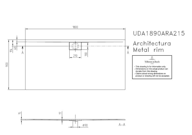 Villeroy & Boch Architectura MetalRim douchebak rechthoek 180x90x1 5 cm grijs
