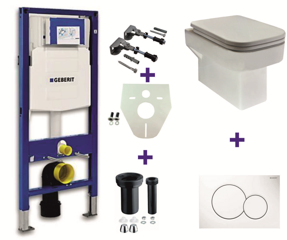Geberit Toiletset UP320 Duofix + Wiesbaden Carré hangend toilet met zitting + Sigma01 bedieningsplaat wit