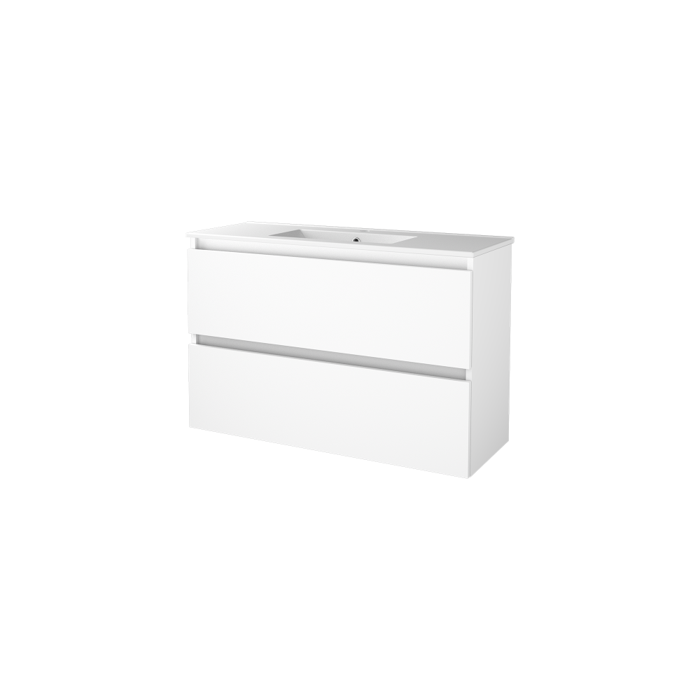 Basic Start 39 badmeubelset met greeploze wastafelonderkast met 2 lades en porseleinen wastafel met 1 kraangat 100 x 39 cm, ice white