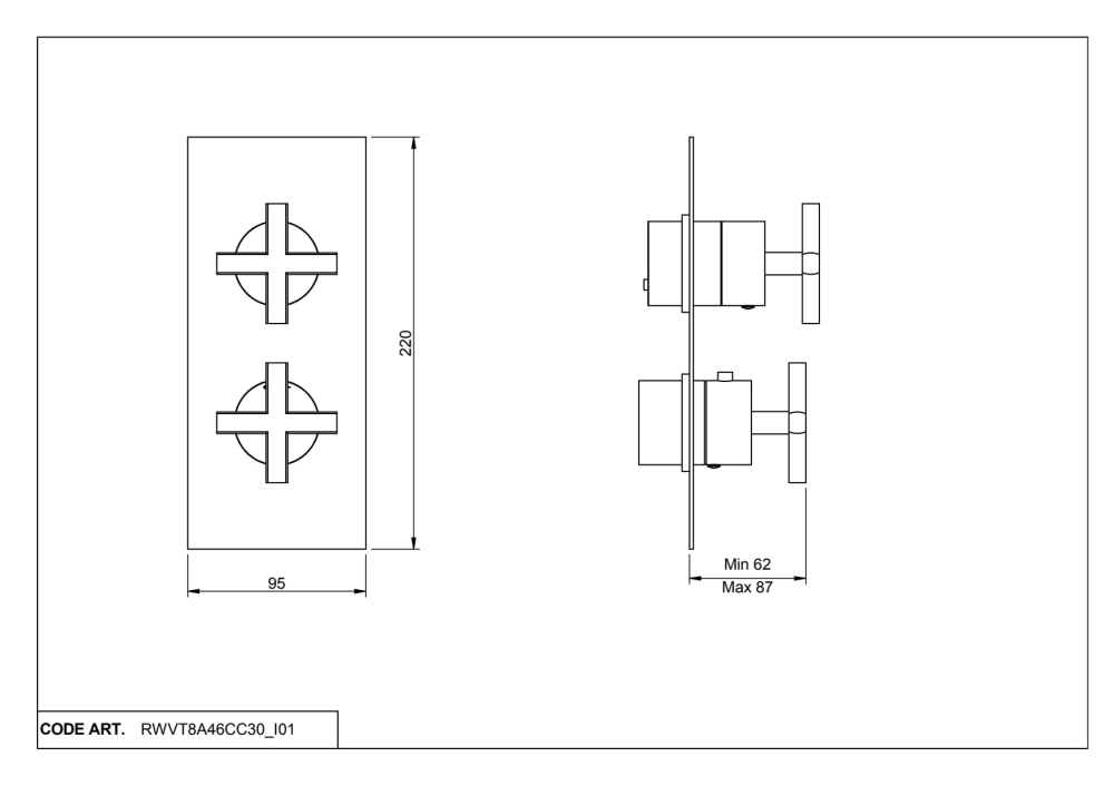 Sub Cross afbouwdeel inbouw douchethermostaat met 2-weg stop-omstel en kruisgrepen 22 x 9,5 cm, chro