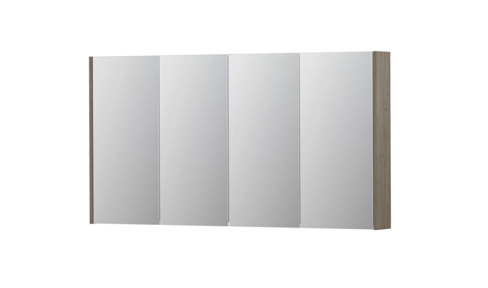 INK® SPK2 spiegelkast met 4 dubbelzijdige spiegeldeuren, 4 verstelbare glazen planchetten, stopcontact en schakelaar 140 x 14 x 73 cm, greige eiken