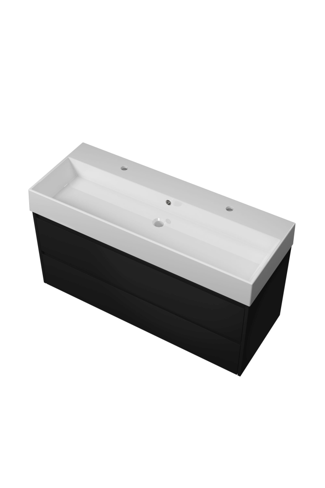 Proline Porselein Loft badmeubelset met wastafelonderkast met 2 lades en porseleinen wastafel met 2 kraangaten 120 x 62 x 46 cm, mat zwart