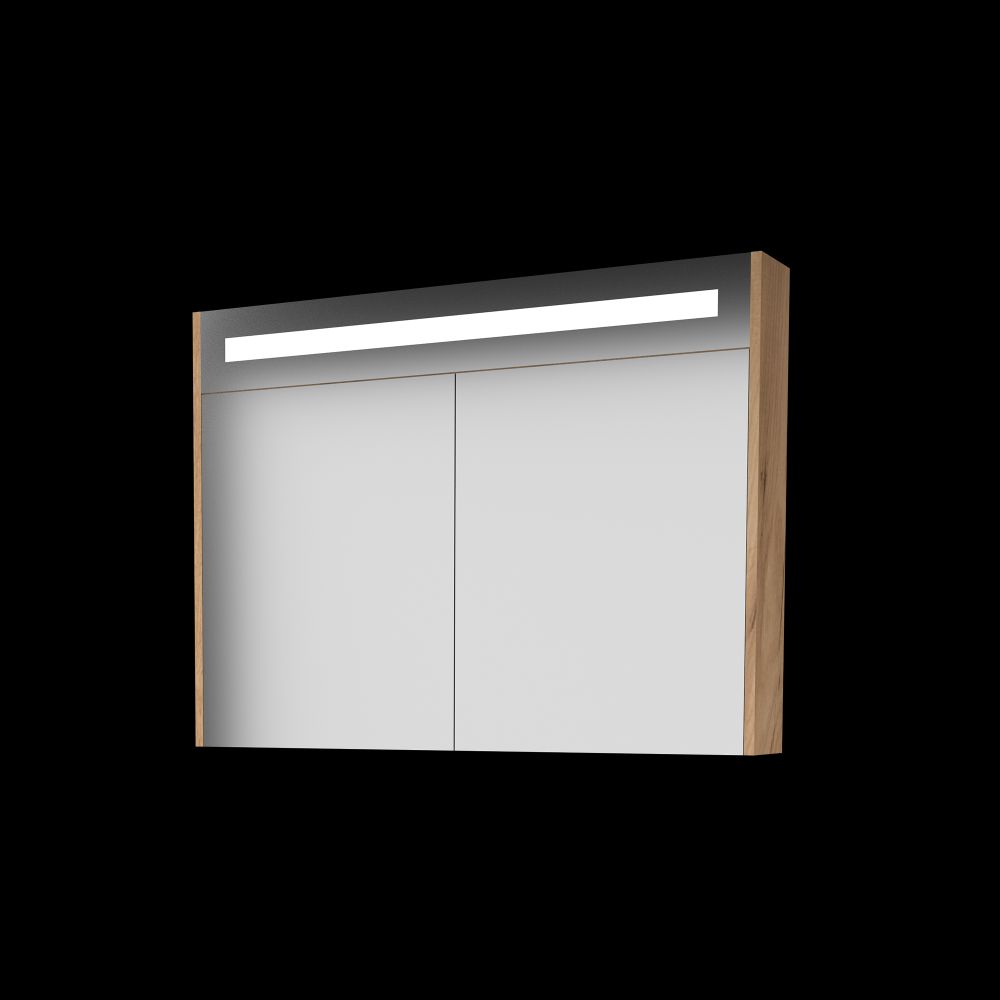 Basic Premium spiegelkast met geïntregeerde LED-verliching en spiegels aan buitenzijde op houten deuren 100 x 60 x 14 cm whisky oak