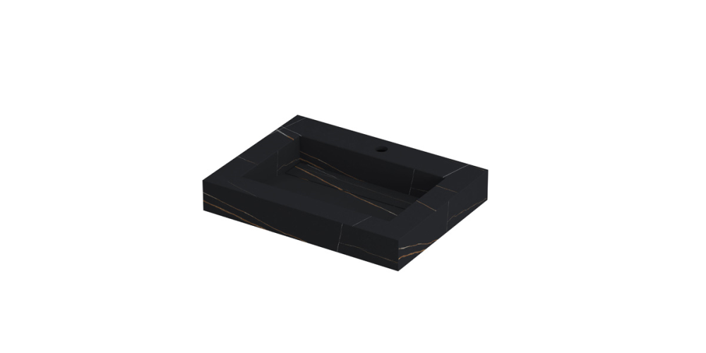 Productafbeelding van INK® Pitch wastafel in keramische slab met drain en front en side skirts met 1 kraangat, 60x45x9cm, lauren black mat