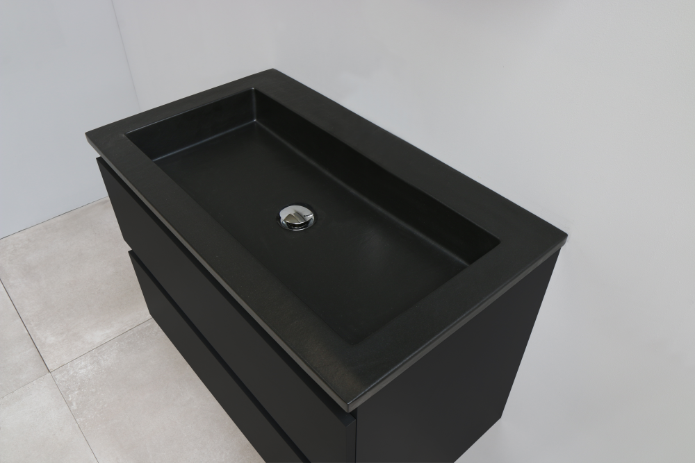 Regn Online onderkast met acryl wastafel slate structuur zonder kraangaten met 2 deurs spiegelkast grijs 80x55x46cm mat zwart