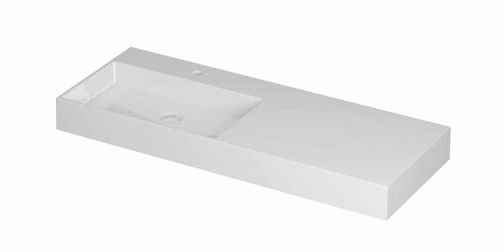 INK® United porseleinen wastafel links met 1 kraangat, porseleinen click-plug en verborgen overloop systeem 120 x 45 x 11 cm, glanzend wit