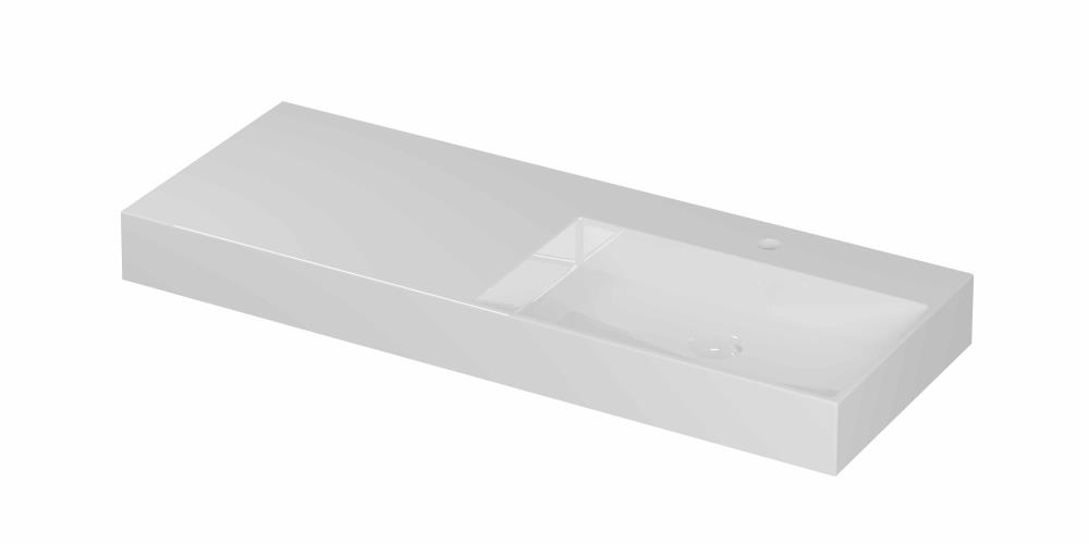 INK® United porseleinen wastafel rechts met 1 kraangat, porseleinen click-plug en verborgen overloop systeem 120 x 45 x 11 cm, glanzend wit